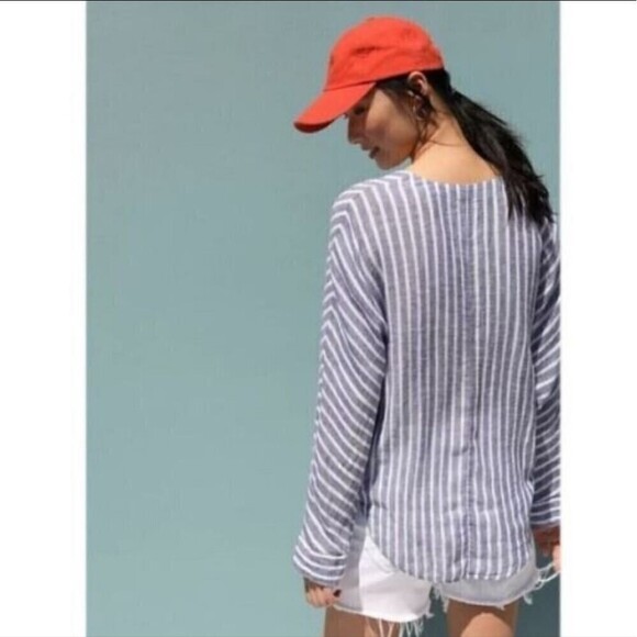 Rails Lily Blouse Parisian Blue Grenadines Stripe Linen Lace Up Neck Size Small - Picture 3 of 10